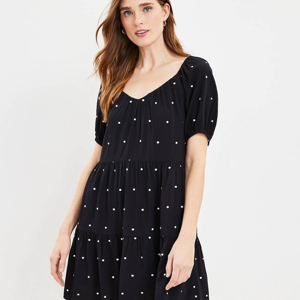 Loft Petite PXS Black Polka Dot Tiered Swing Dress Short Sleeve